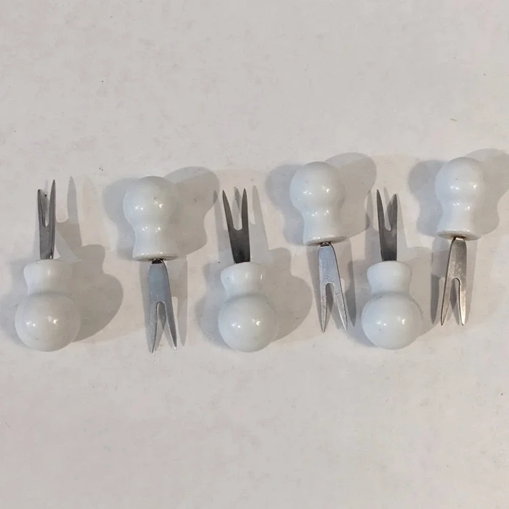 Vintage White Ceramic Ball Handle Appetizer Cocktail Forks Set 6 Stainless Steel